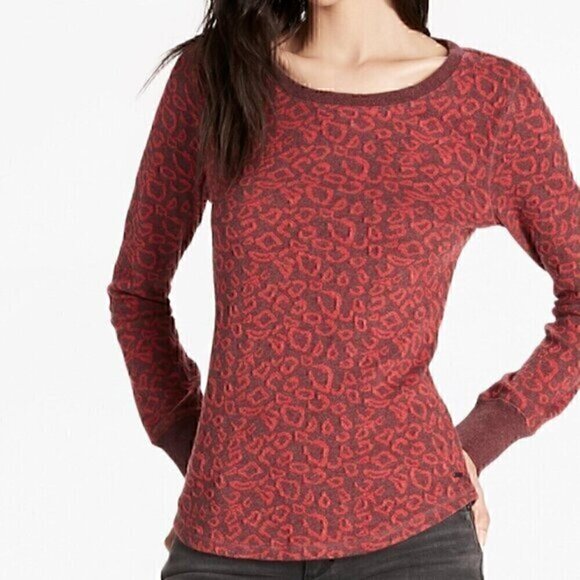 LUCKY BRAND Cheetah Print Pullover Burgundy Maroon Red Leopard Animal Sweatshirt - Picture 1 of 14